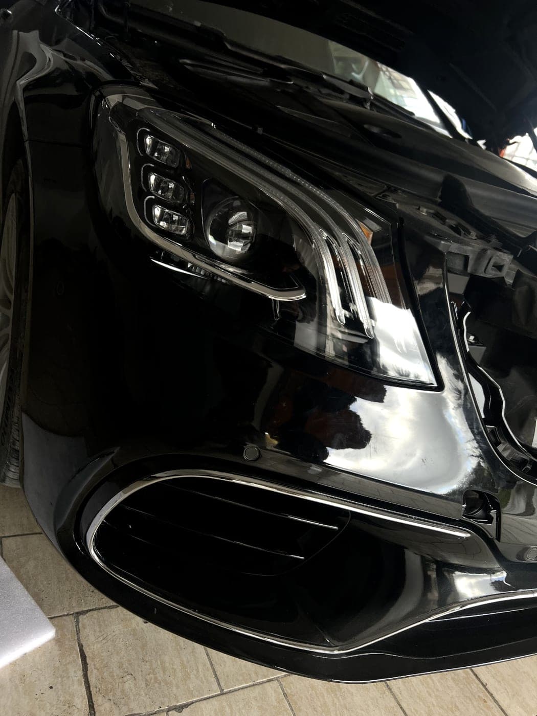 Detailed Mercedes S-Class front end at Brilliant Garage
